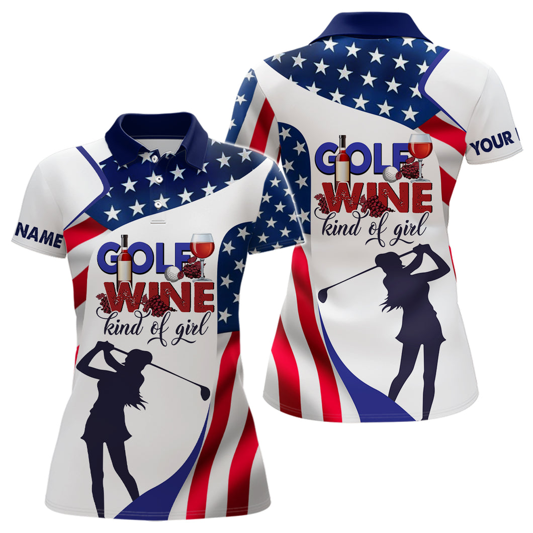American Flag Womens Golf Polo Shirt Golf Wine Kind Of Girl Golf Shirts For Women Patriotic Golf Gift LDT0131