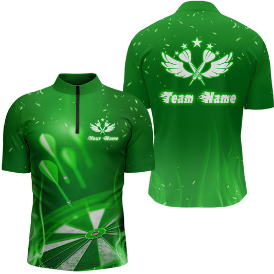 Green Fire Flame Star Personalized Darts Quarter Zip Shirt Custom Cool Dart Jersey For Men LDT1376