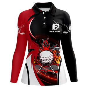 Womens Fire Flame Golf Polo Shirts Custom Red And Black Golf Shirts For Women Best Golf Gifts LDT0174