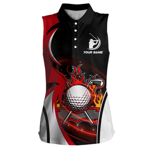 Womens Fire Flame Golf Sleeveless Polo Shirt Custom Red And Black Golf Tops For Women Best Golf Gifts LDT0174