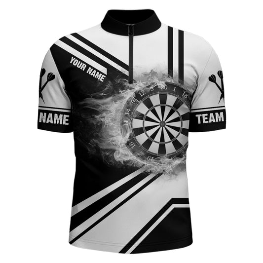 Personalized Black White Fire Flame Dartboard Quarter Zip Shirt Custom Dart Jersey For Men LDT0993