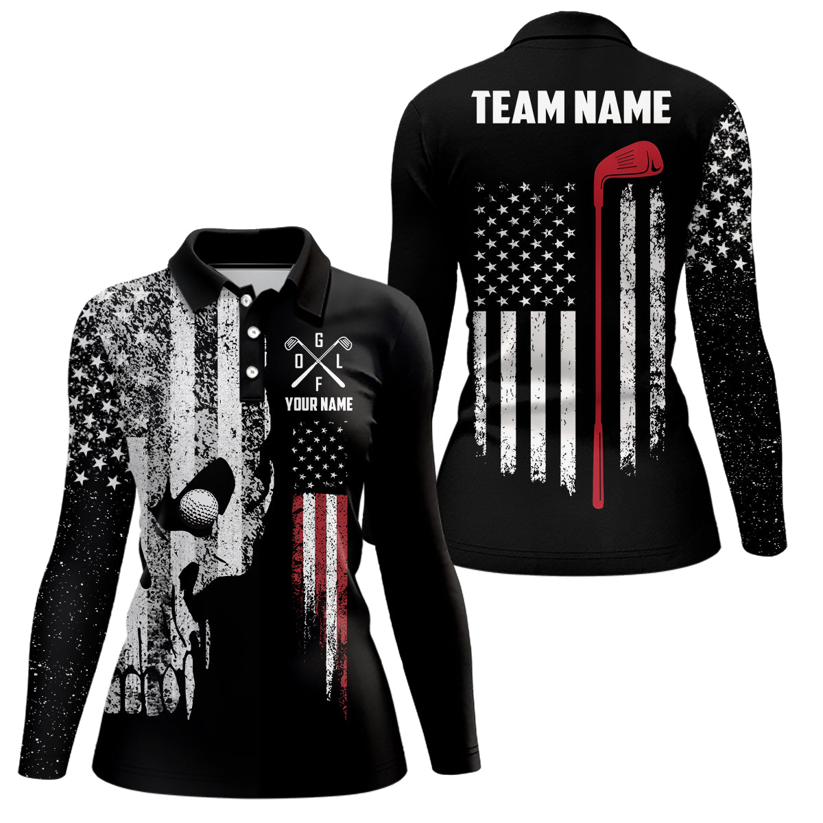American Flag Skull Golf Polo Shirts Custom Patriotic Scary Golf Shirts For Women Golf Gifts LDT1405