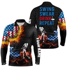 Load image into Gallery viewer, American Flag Swing Swear Drink Repeat Golf Polo Shirts, Flame Patriotic Golf Shirts For Men LDT0198