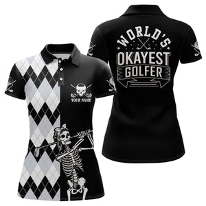 Skull Funny Golf Custom Name Polo Shirt Black & White Argyle Golf Shirts For Women, Golf Gift LDT0209