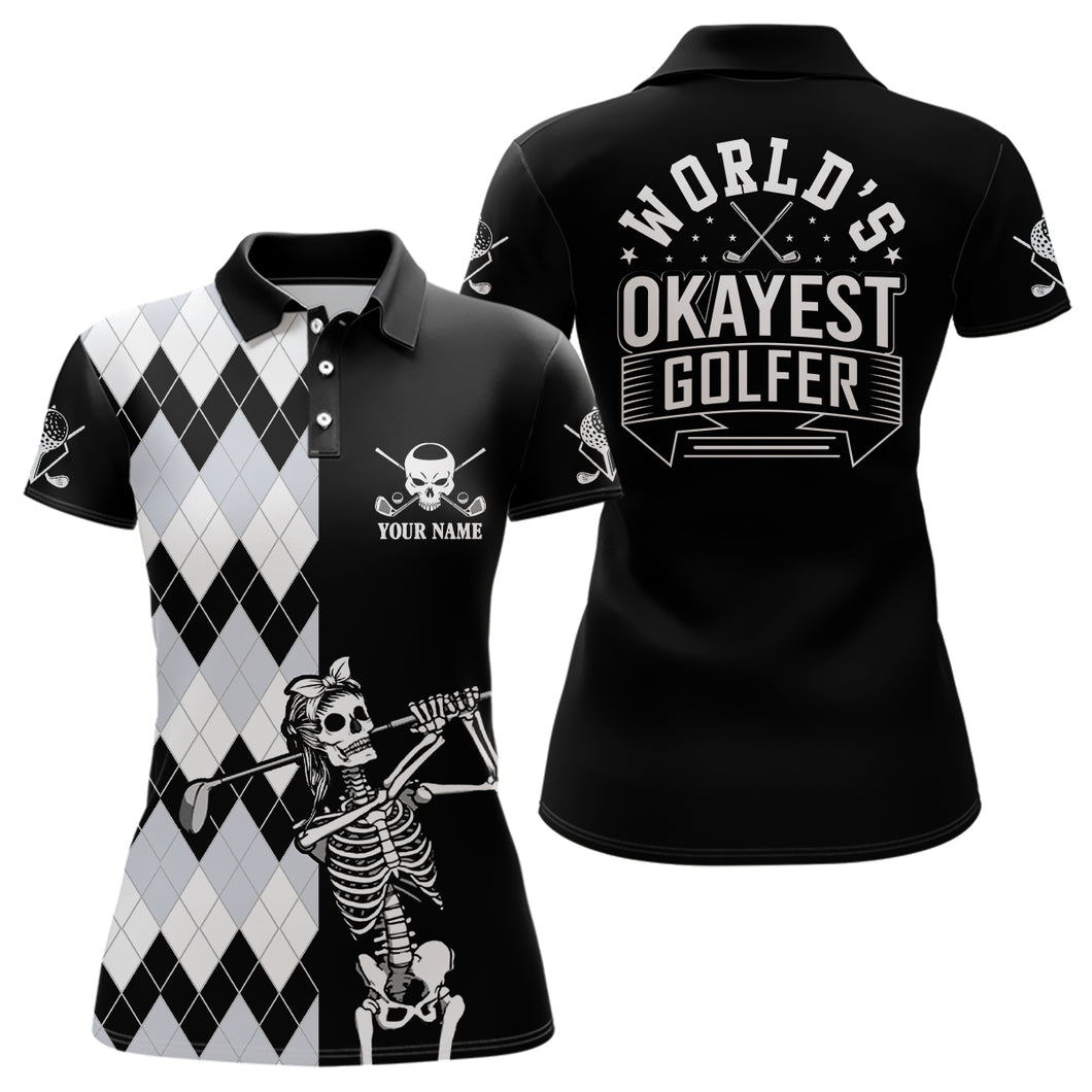 Skull Funny Golf Custom Name Polo Shirt Black & White Argyle Golf Shirts For Women, Golf Gift LDT0209