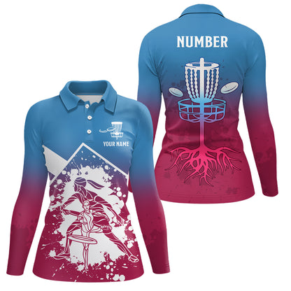 Pink Blue Silhouette Womens Disc Golf Polos Custom Disc Golf Basket Shirt Disc Golf Jersey LDT1013