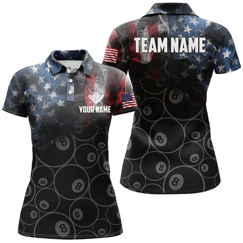 Personalized Vintage Smoke US Flag Billiard Polo Shirts For Women, Custom 8 Ball Pool Team Jerseys VHM0695