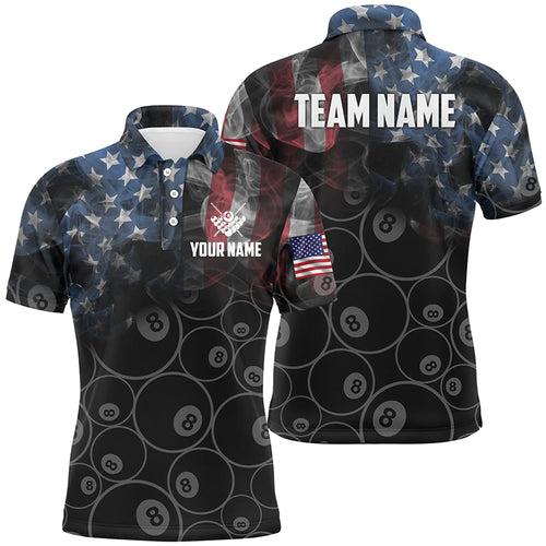 Personalized Vintage Smoke US Flag Billiard Polo Shirts For Men, Custom 8 Ball Pool Team Jerseys VHM0695