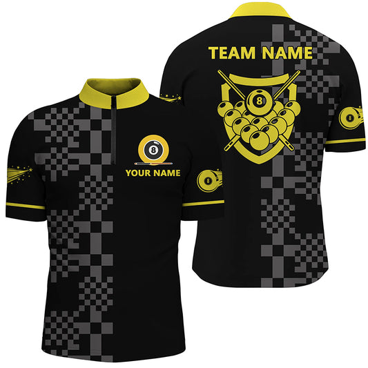 Personalized Abstract Square Pattern 8 Ball Pool Yellow Black Quarter-Zip 3D Polo Shirts For Men VHM0501