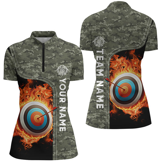 Personalized Camouflage Flaming Target Archery 3D Quarter-Zip Shirts For Women, Archery Team Jerseys VHM0986