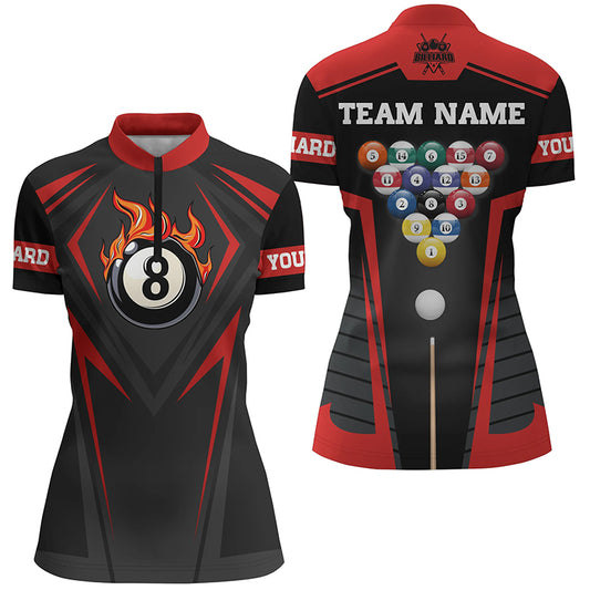 Personalized Style Red Fire 8 Ball Billiard 3D Quarter-Zip Shirts For Women, Pool Balls Team Jerseys VHM1067