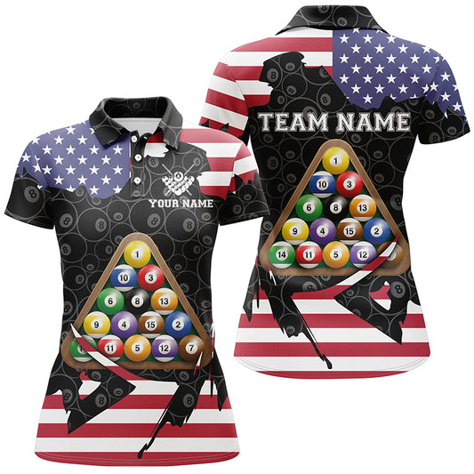 Personalized US Flag Billiard Balls Polo Shirts For Women, Custom 8 Ball Pattern Billiard Jerseys VHM0150