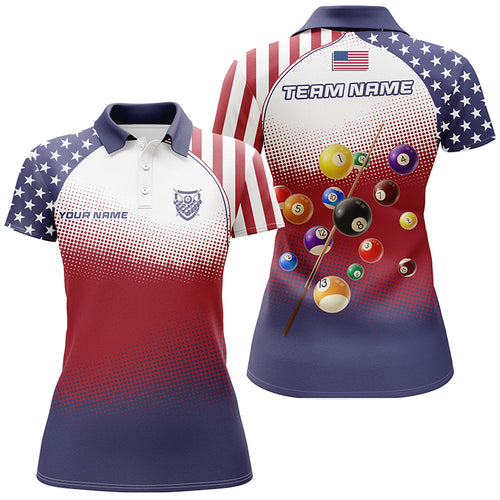 Personalized American Flag 8 Ball Pool 3D Polo Shirts For Women, Custom Billiard Balls Team Jerseys VHM1074