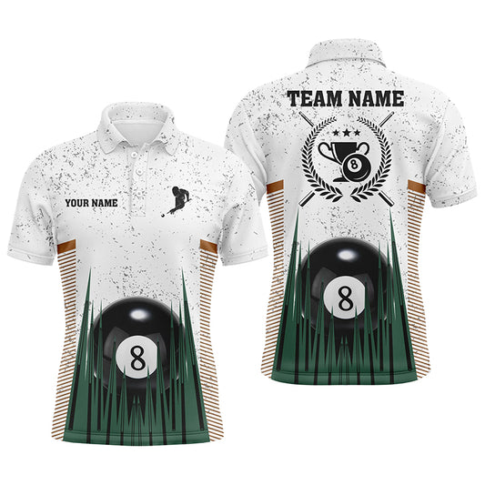 Personalized 8 Ball Pool White Grunge Polo Shirts For Men, 8 Ball Trophy Emblem Billiard Jerseys VHM0200