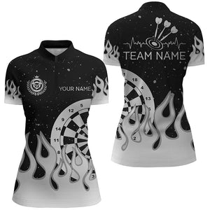 Grey Black Dartboard Fire Flame Women Darts Polo & Quarter-Zip Shirt Custom Team Jersey Darts Gifts TDM2739