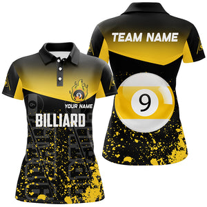 Personalized Yellow Fire 9 Ball Pool Billiard Polo Shirts For Women, 9 Ball Billiard Team Shirts VHM0705