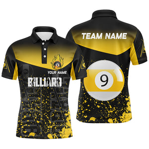 Personalized Yellow Fire 9 Ball Pool Billiard Polo Shirts For Men, 9 Ball Billiard Team Shirts VHM0705