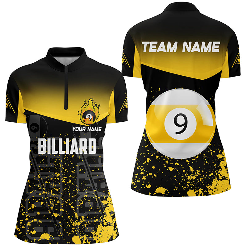 Personalized Yellow Fire 9 Ball Pool Billiard Quarter-Zip Shirts For Men, 9 Ball Pool Team Shirts VHM0705