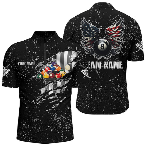 Personalized US Flag Billiard Balls 3D Quarter-Zip Shirts For Men, Funny 8 Ball Pool Wings Jerseys VHM1001