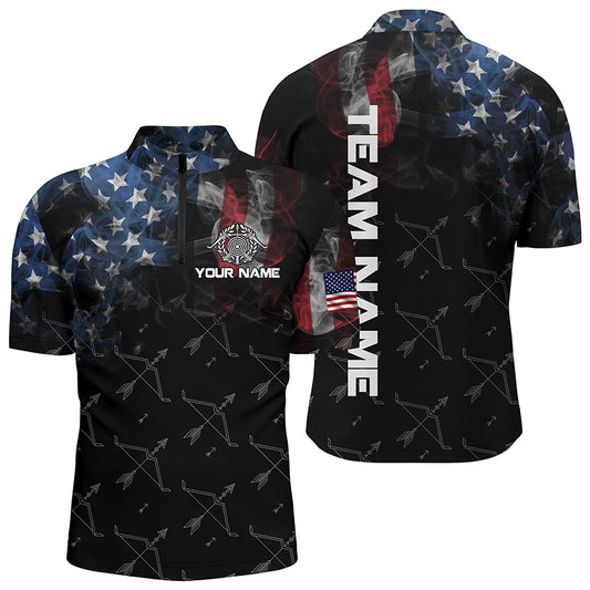 Personalized Vintage Smoke US Flag Archery 3D Quarter-Zip Shirts For Men, Archery Bows Jerseys VHM0979