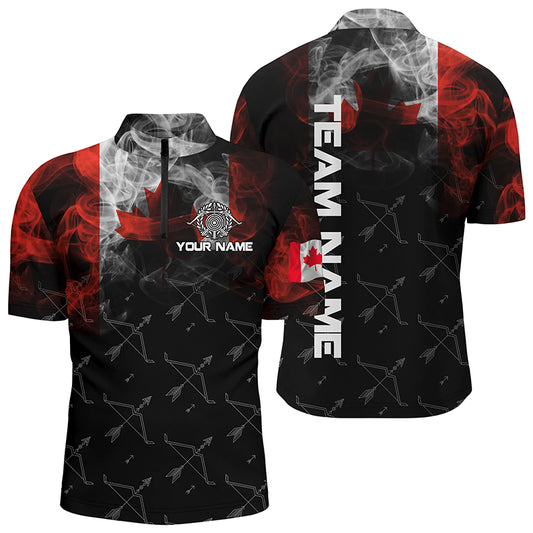 Personalized Vintage Smoke Canadian Flag Archery 3D Quarter-Zip Shirts For Men, Bows Archery Shirts VHM0981
