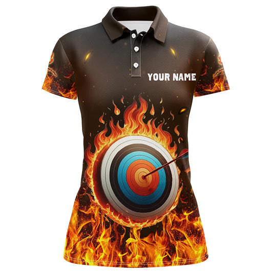 Personalized Fire Target Archery 3D Polo Shirts For Women, Custom Flaming Archery Bow Arrow Jerseys VHM0982