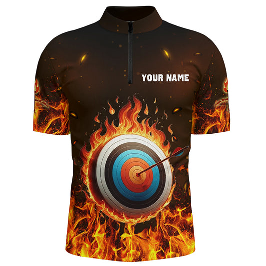Personalized Fire Target Archery 3D Quarter-Zip Shirts For Men, Flaming Archery Bow Arrow Jerseys VHM0982