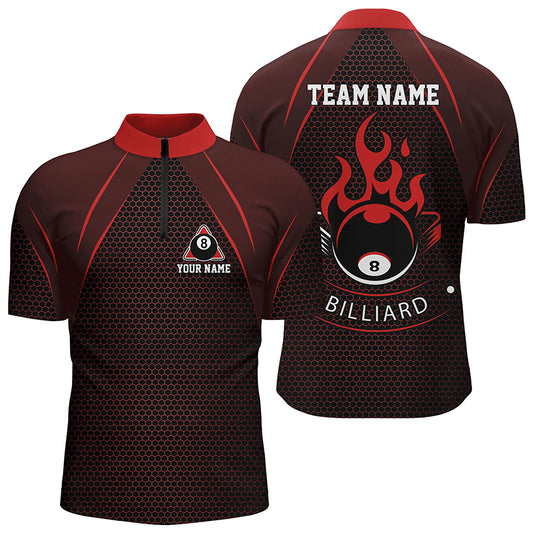 Personalized Red Fire 8 Ball Pool Quarter-Zip Shirts For Men, Flame 8 Ball Billiard Team Shirts VHM0727