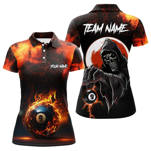 Personalized Flame 9 Ball Pool Billiard Polo Shirts For Women Custom Skull Billiard Team Shirts VHM1124