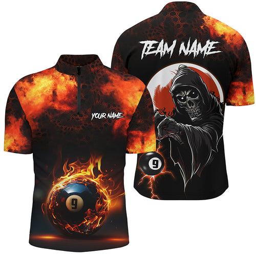 Personalized Flame 9 Ball Pool Billiard Quarter-Zip Shirts For Men Custom Skull Billiard Team Shirts VHM1124