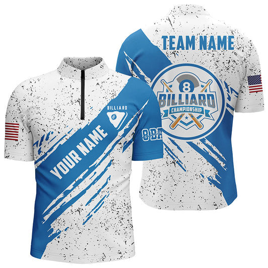 Personalized 8 Ball Pool Blue White Billiard Quarter-Zip Shirts For Men, US Flag Billiard Jerseys VHM0565