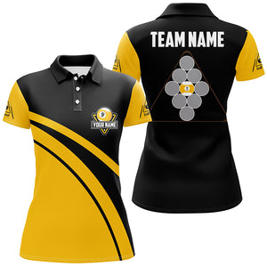 Personalized Yellow Black 9 Ball Pool Polo Shirts For Women, Custom Billiard 9 Ball Team Jerseys VHM0733