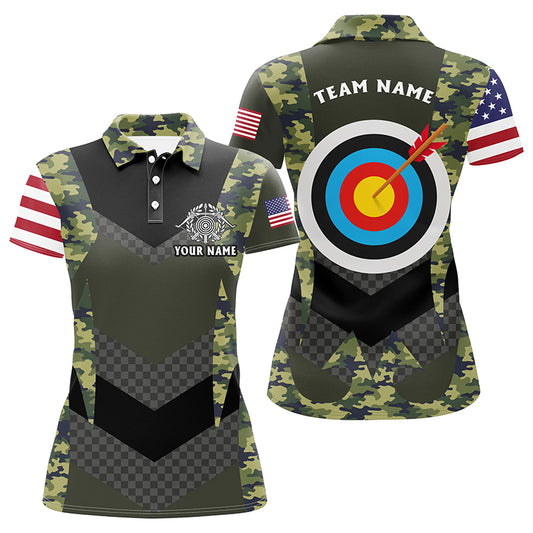 Personalized US Flag Camouflage Target Archery 3D Polo Shirts For Women, Custom Archery Team Jerseys VHM1059