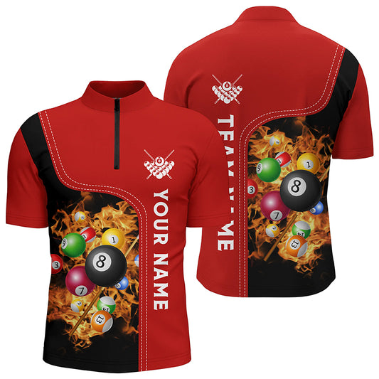 Personalized Red Fire Billiard Balls Quarter-Zip Shirts For Men, Custom 3D Billiard Team Jerseys VHM0748