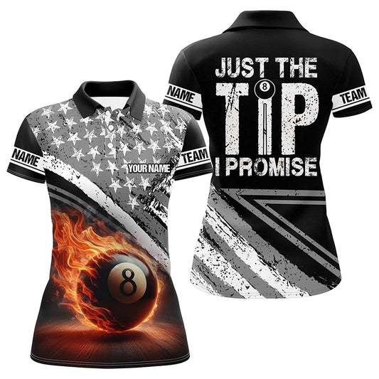 Personalized US Flag 8 Ball Pool 3D Polo Shirts For Women, Just The Tip I Promise Billiard Jerseys VHM1066