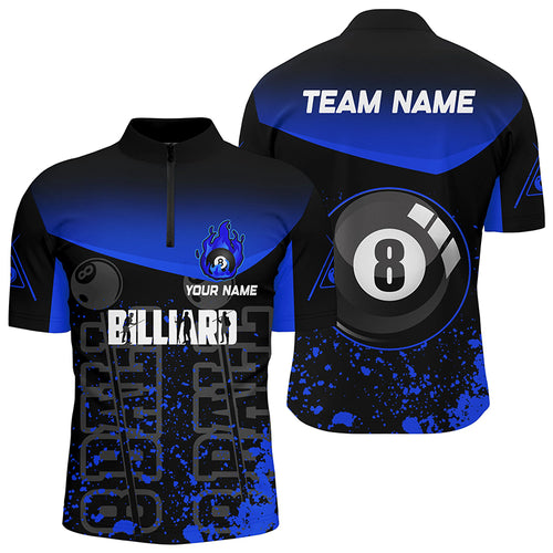Personalized Blue Fire 8 Ball Pool Billiard Quarter-Zip Shirts For Men, Custom Billiard Team Shirts VHM0581