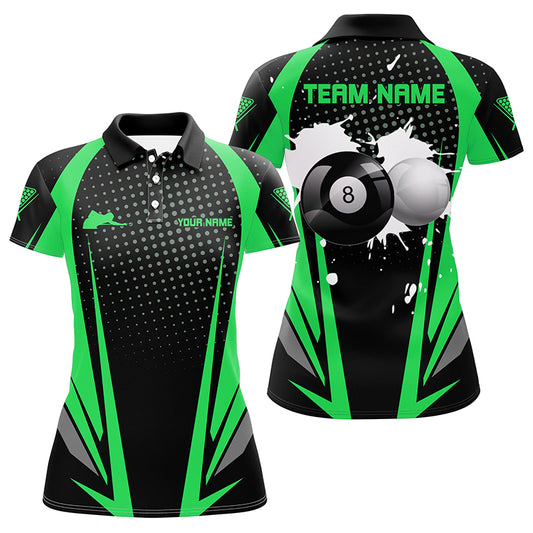Personalized Paint Billiard Balls Black Green 3D Polo Shirts For Women, 8 Ball Billiards Jerseys VHM1090