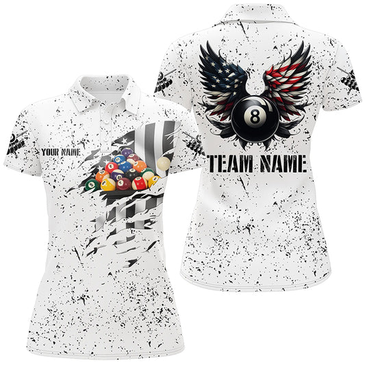 Personalized US Flag Billiard Balls 3D Polo Shirts For Women, White Billiard 8 Ball Wings Jerseys VHM1005
