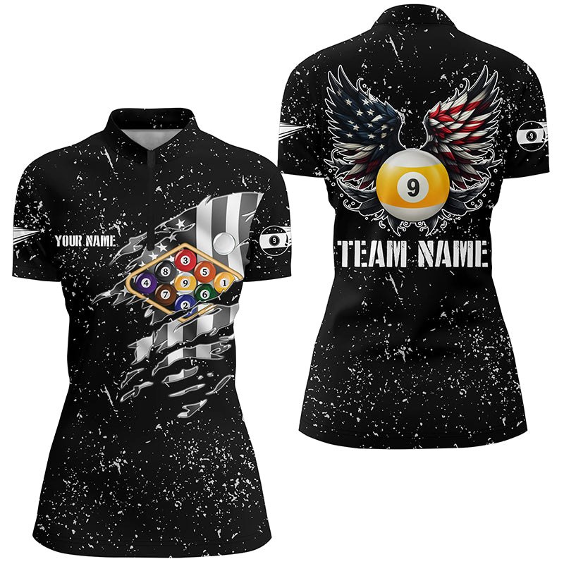 Personalized US Flag Billiard Balls 3D Quarter-Zip Shirts For Women, Custom 9 Ball Pool Wings Jerseys VHM1009
