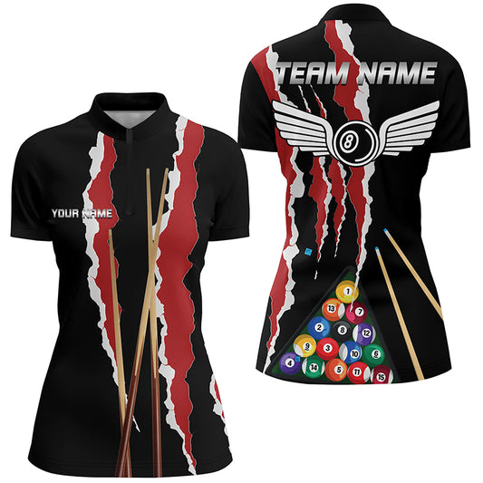 Personalized Red Black Sticks Billiard 8 Ball Quarter-Zip Shirts For Women, Billiard Balls Jerseys VHM0786
