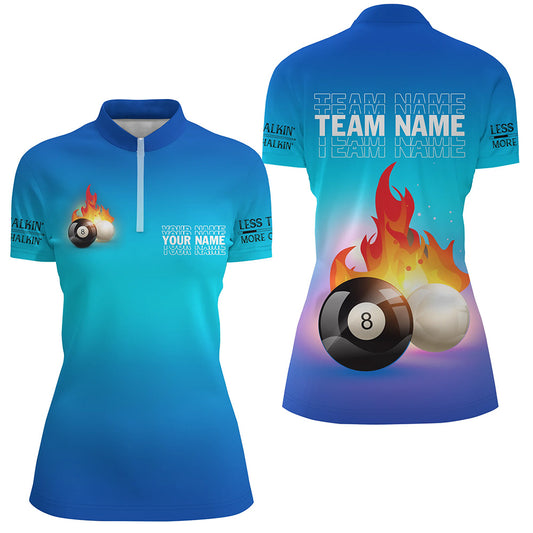 Personalized 8 Ball And Cue Ball Pool Blue 3D Quarter-Zip Shirts For Women, Custom Billiard Jerseys VHM0699