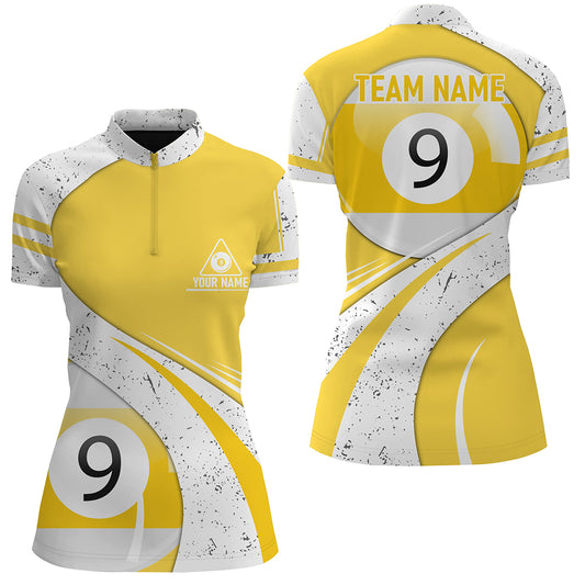 Personalized 9 Ball Pool Yellow White Billiard Quarter-Zip Shirts For Women, 9 Ball Billiard Jerseys VHM0509