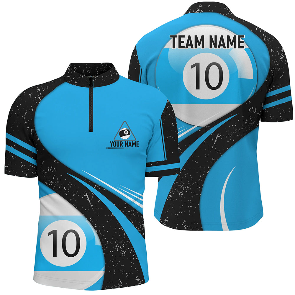 Personalized Blue Black Grunge 10 Ball Billiard 3D Quarter-Zip Shirts For Men, 10 Ball Pool Jerseys VHM0969