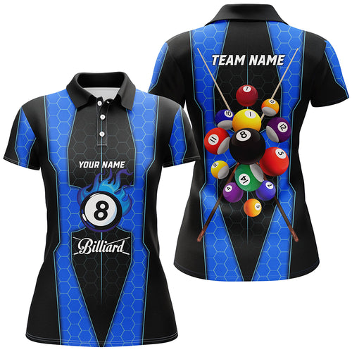Personalized Style Blue Fire 8 Ball Billiard 3D Polo Shirts For Women, Custom Pool Balls Team Jerseys VHM1068