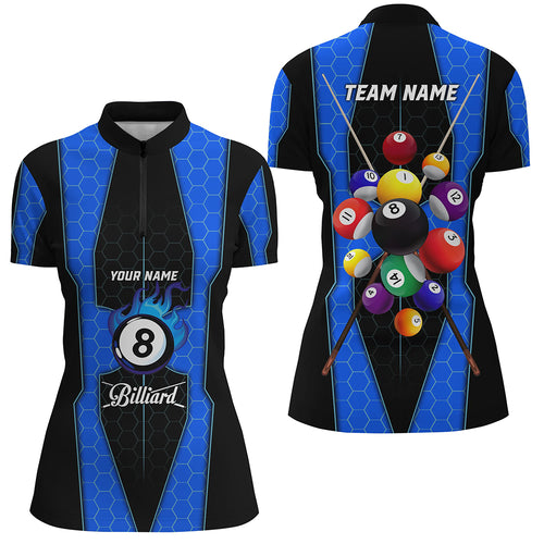Personalized Style Blue Fire 8 Ball Billiard 3D Quarter-Zip Shirts For Women, Pool Balls Team Jerseys VHM1068