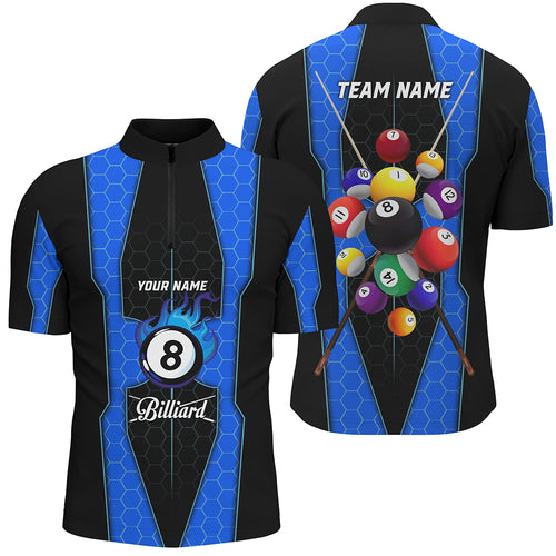 Personalized Style Blue Fire 8 Ball Billiard 3D Quarter-Zip Shirts For Men, Pool Balls Team Jerseys VHM1068