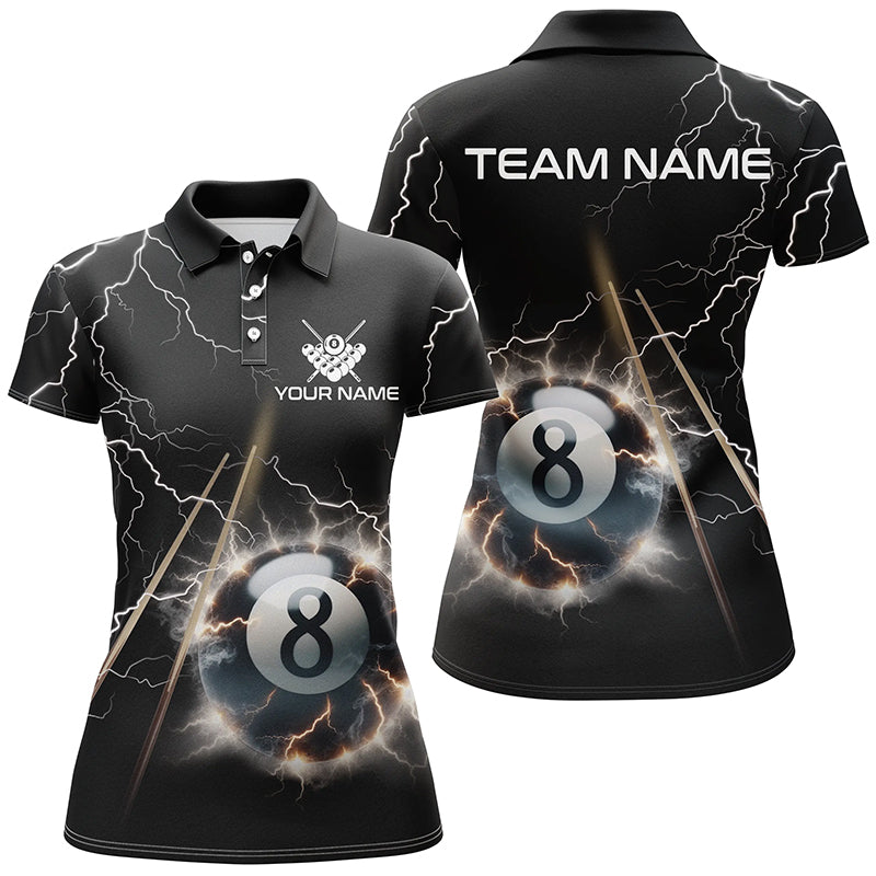 Personalized Thunder Lighting Black 8 Ball Billiard 3D Polo Shirts For Women, Pool Balls Jerseys VHM1031