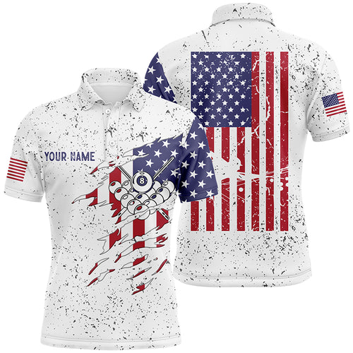 Personalized Billiard Balls US Flag White Grunge Polo Shirts For Men, Custom Billiard Pool Shirts  VHM0065