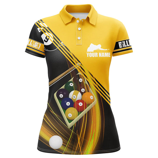 Personalized 9 Ball Pool Players Billiards Yellow 3D Polo Shirts For Women, Billiard Balls Shirts VHM0513