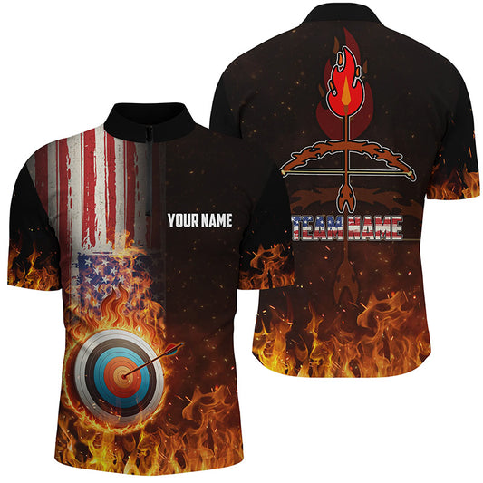 Personalized US Flag Flaming Target Archery 3D Quarter-Zip Shirts For Men, Bow Arrow Archery Shirts VHM0989